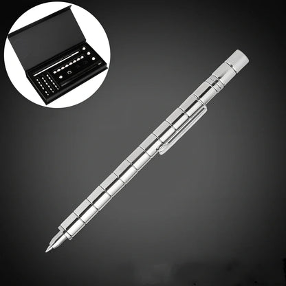 Magnetic transformation pen showing compass, spinning top, and phone stand configurations with 13 neodymium magnets