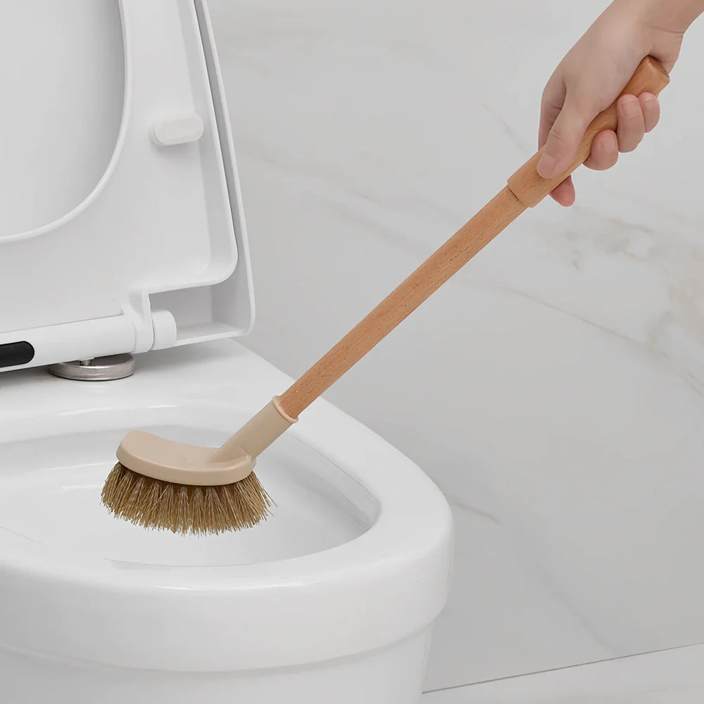 Wooden toilet brush with 360 degree bristles and natural beech handle for bathroom cleaning