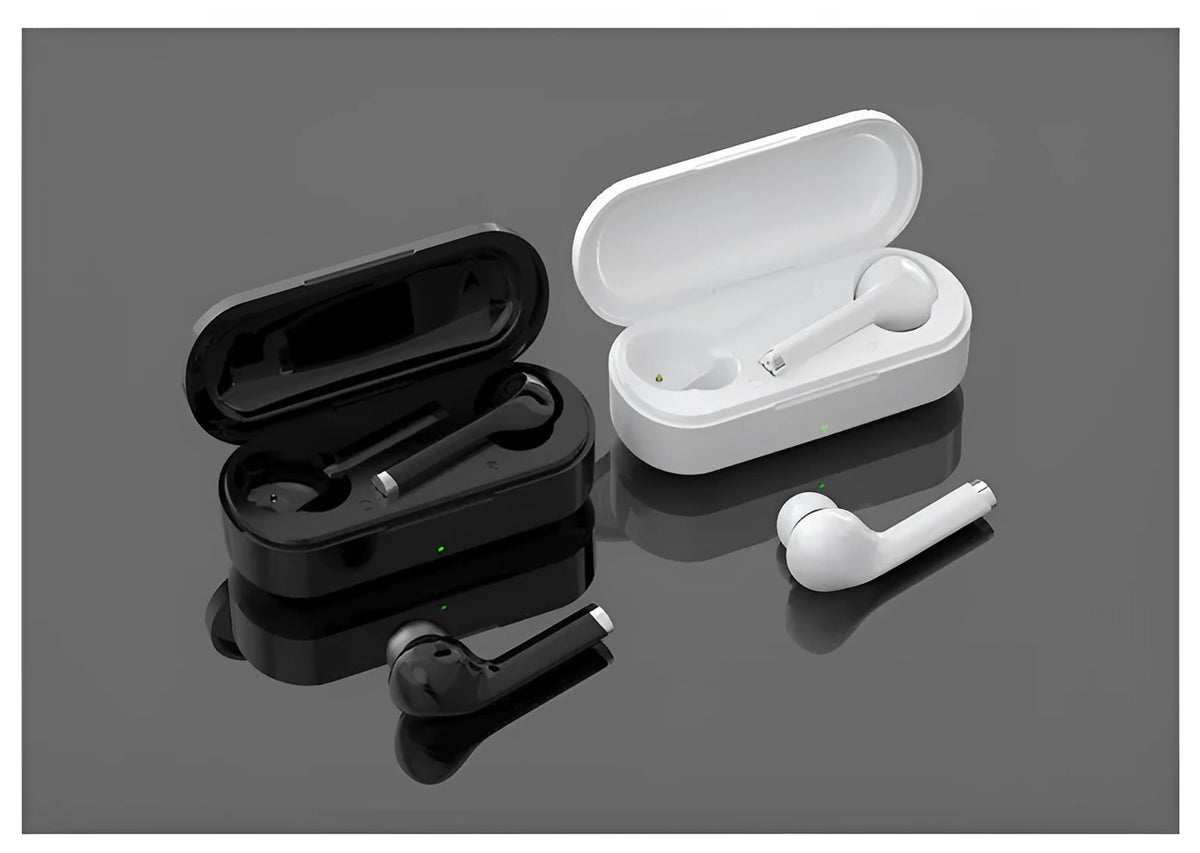 Black and white Bluetooth 5.0 wireless headphones with charging dock showing USB charging port