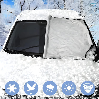 Car windshield snow cover 210x120cm black and silver waterproof polyester taffeta with reflective warning bar and four magnets