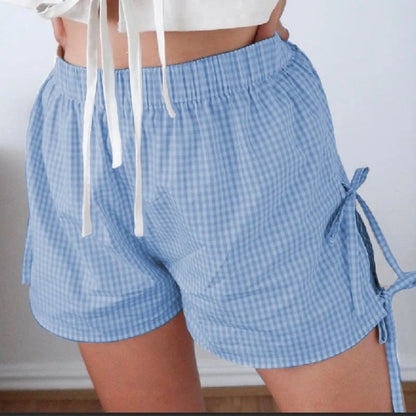 Women's loose plaid print shorts with lace-up design in various colors