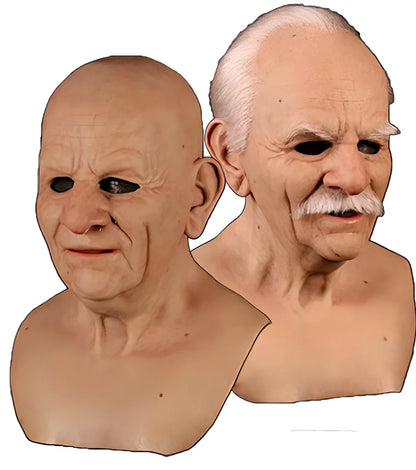 Latex old man Halloween mask with white hair and beard showing realistic facial wrinkles