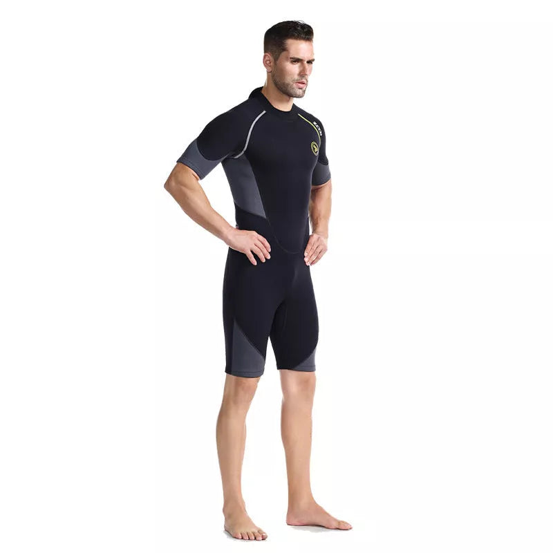 Men's black SCR neoprene summer swimsuit with short sleeves and shorts length
