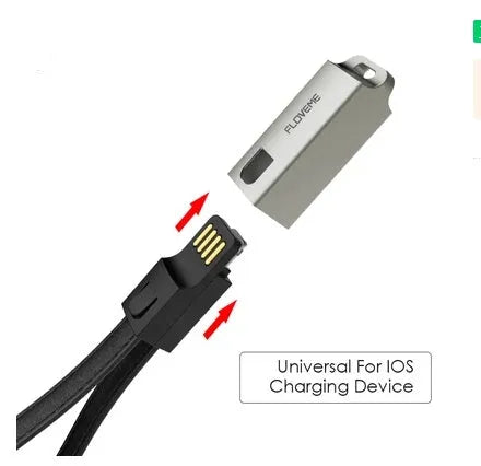 Short black leather iPhone charging cable with metal connector next to a power bank