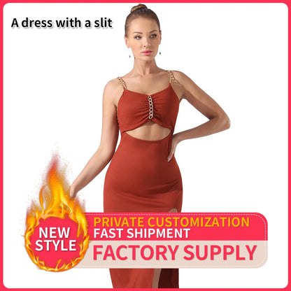 Elegant Women's Halter Sleeveless Split Dress in black, peacock blue, and reddish brown