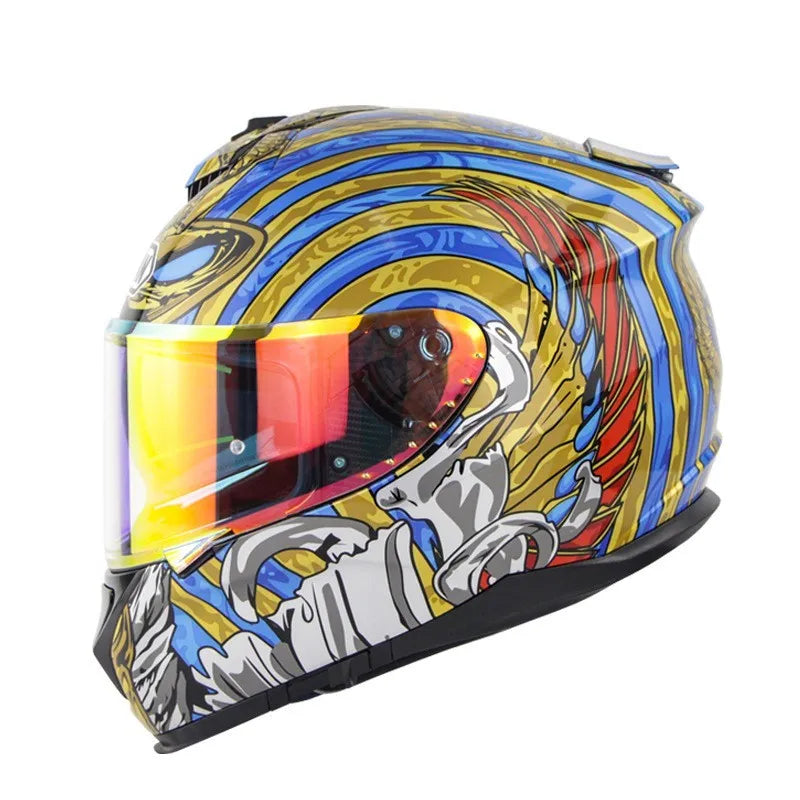 Motorcycle full face helmet with double lens in ABS construction showing colour variant options