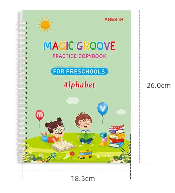 Children's English groove magic calligraphy practice set with pen, ten refills, and double-sided training surface