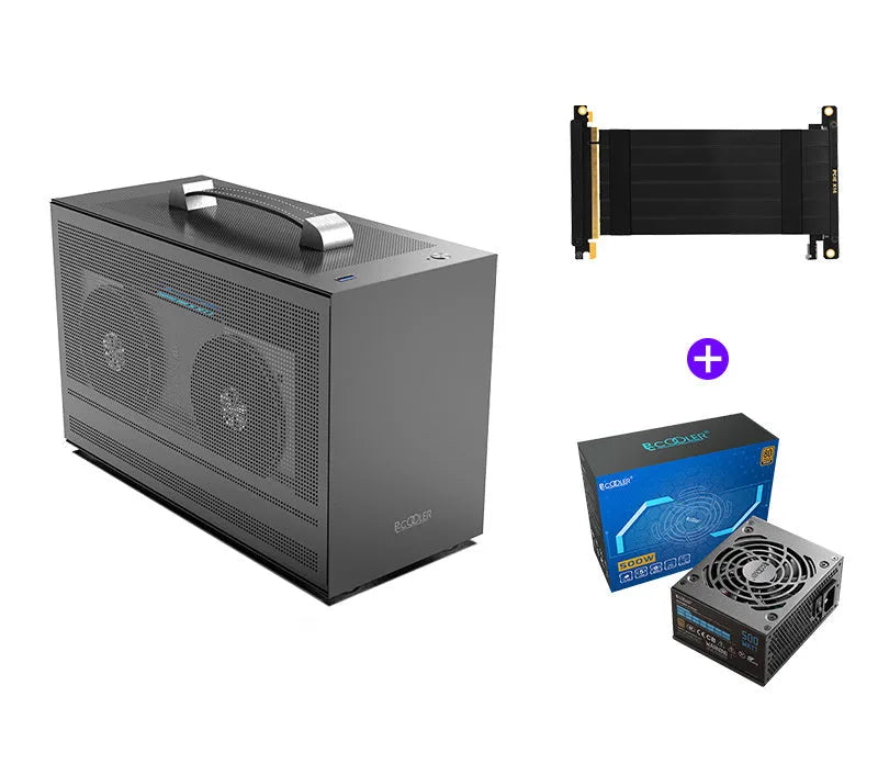 Three Hummingbird Portable ITX desktop computer chassis in titanium grey with tinned steel construction