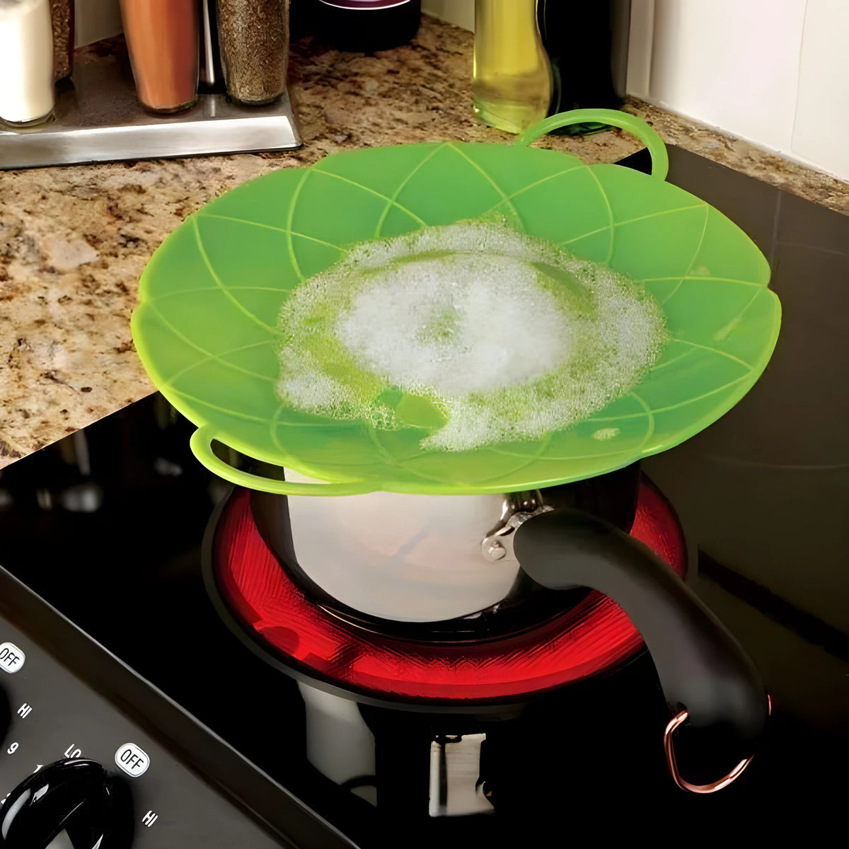 Green silicone spill stopper pan lid for pots and pans 8 to 10 inches, heat-resistant and dishwasher safe