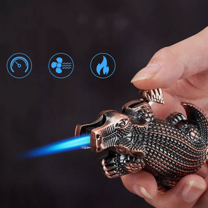 Crocodile-shaped windproof butane lighter with adjustable flame in red copper and bronze