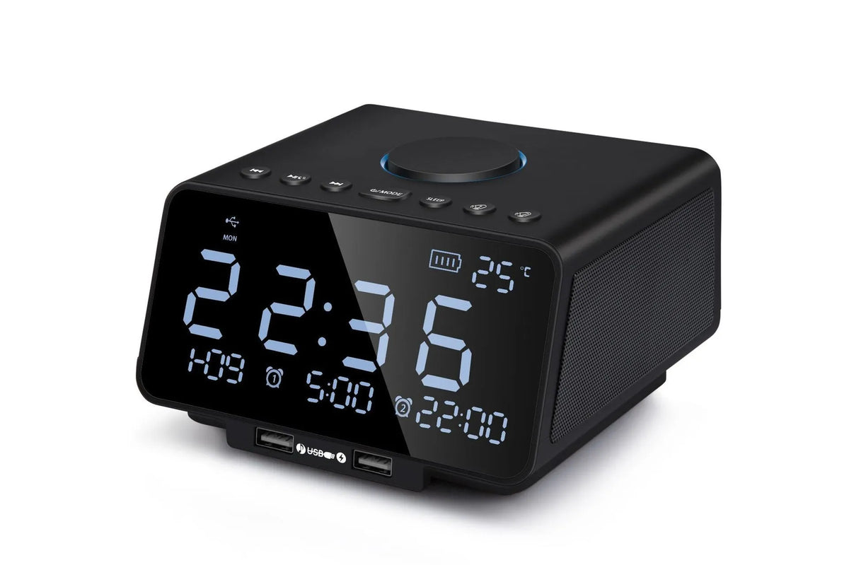 Black wireless alarm clock speaker with dual speakers, display, and control buttons