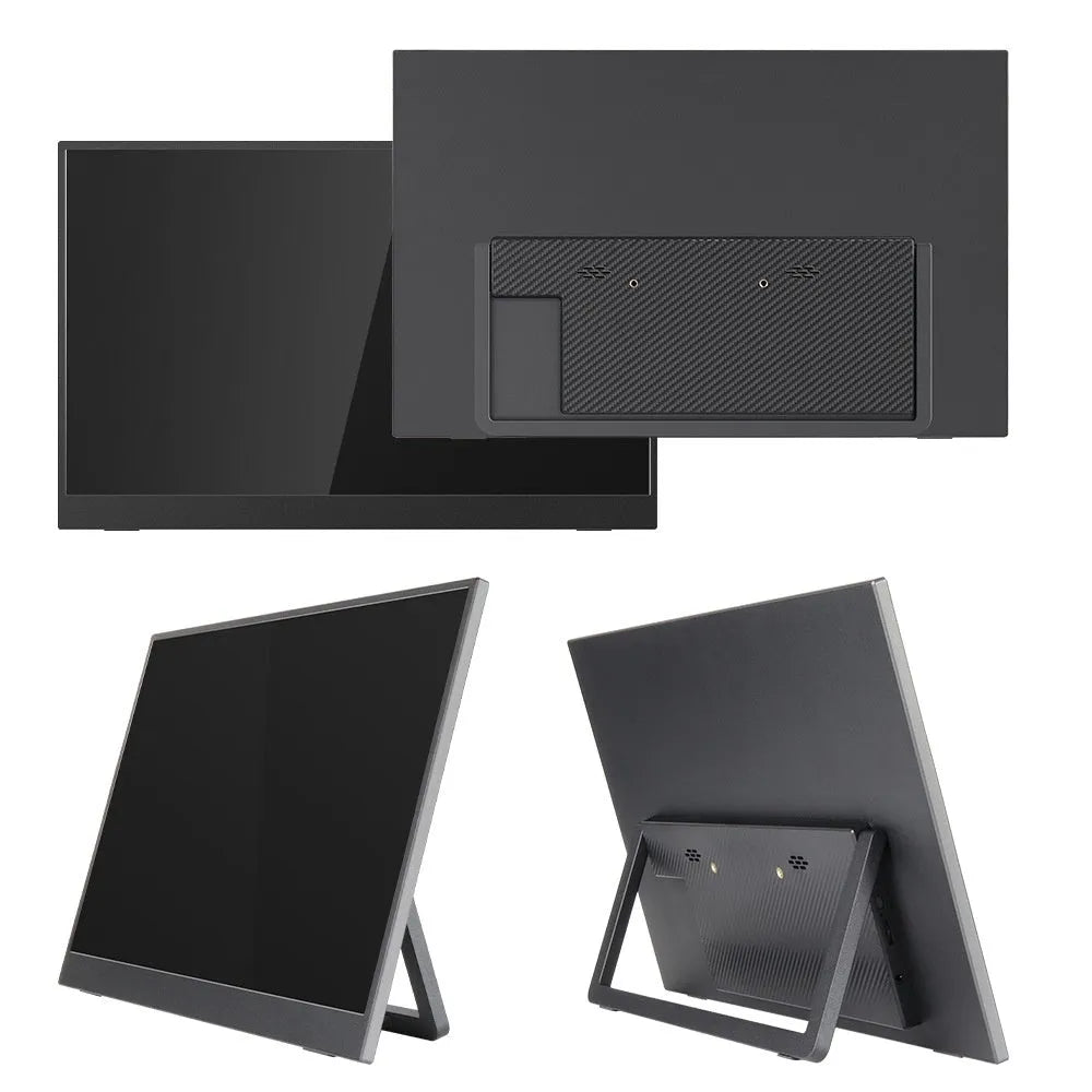 Black 15.6-inch portable computer monitor on its adjustable stand, showing a desktop application on its Full HD IPS screen.