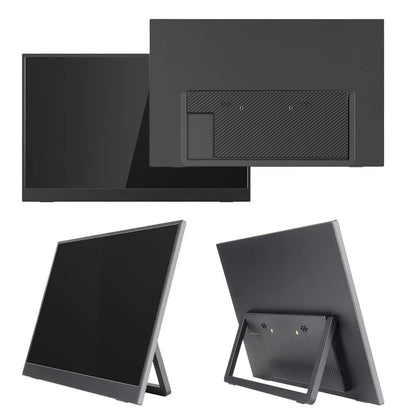 Black 15.6-inch portable computer monitor on its adjustable stand, showing a desktop application on its Full HD IPS screen.