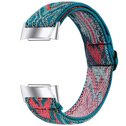 Printed elastic watch strap for Fitbit Charge 6 with adjustable sizing and multiple colour options