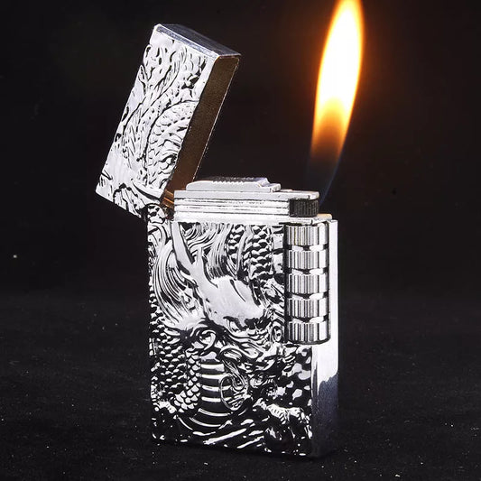 Embossed Chinese Dragon Gas Lighter with intricate design and metal construction