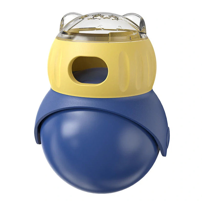 Yellow and blue Tumbler Owl cat puzzle feeder with dual food compartments and weighted base