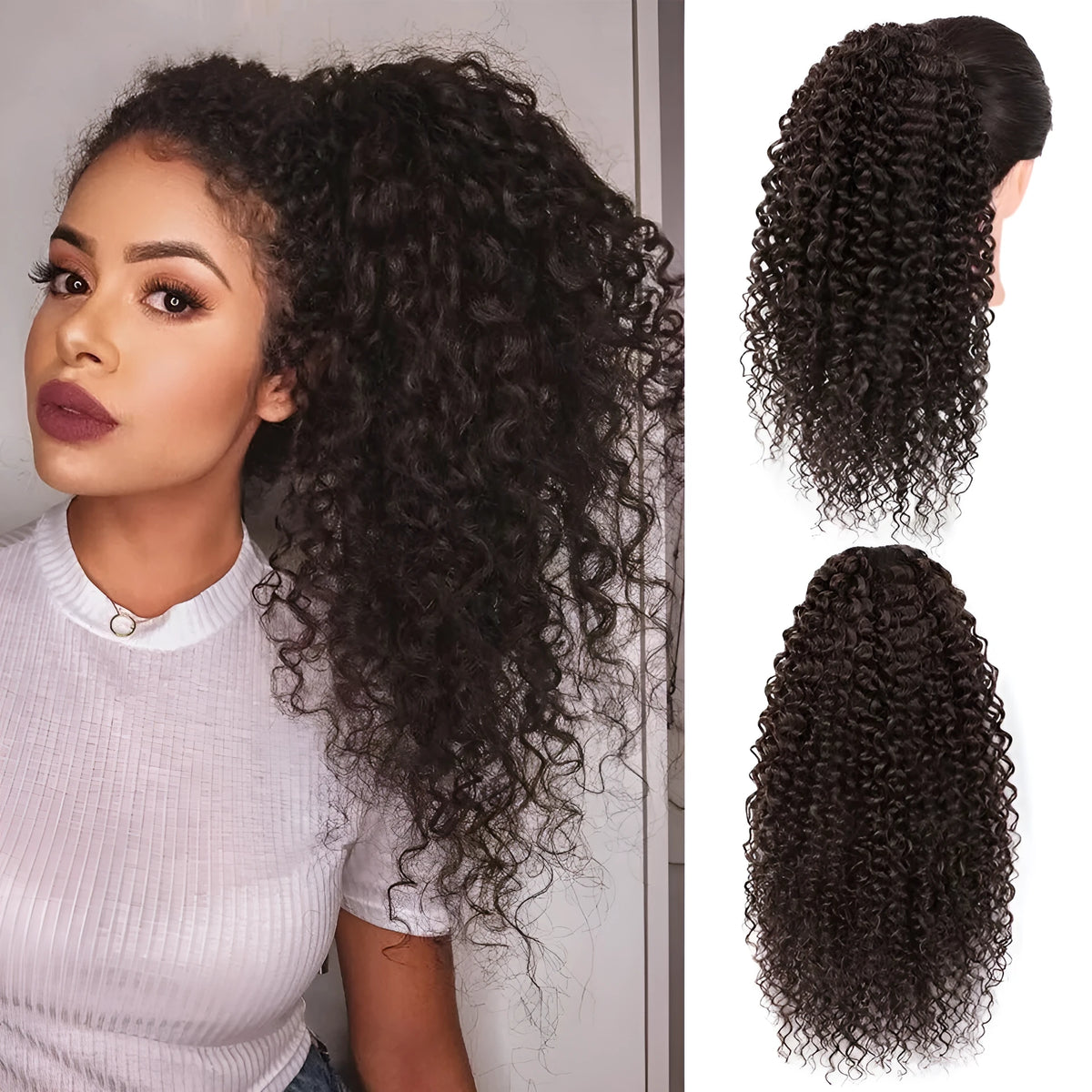 Drawstring puffy ponytail with afro curls in medium length for women, shown in simple style and colour options 1B, 27 and Bug.