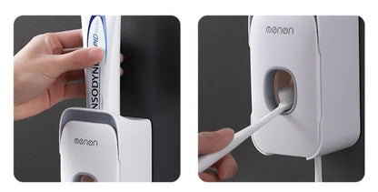 Automatic toothpaste dispenser with motion sensor and LED light in blue, grey or pink colours mounted on bathroom wall