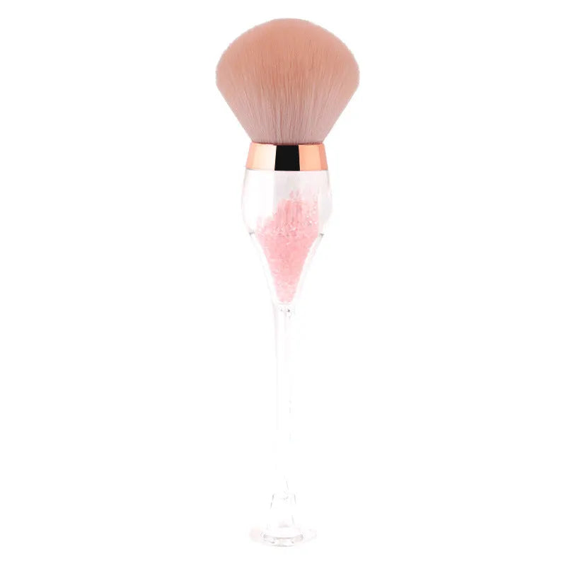 Wine glass shape large makeup brush with fluffy man-made fibre head, long plastic handle, 14cm total length, in Champagne, Pink or Wine Red.