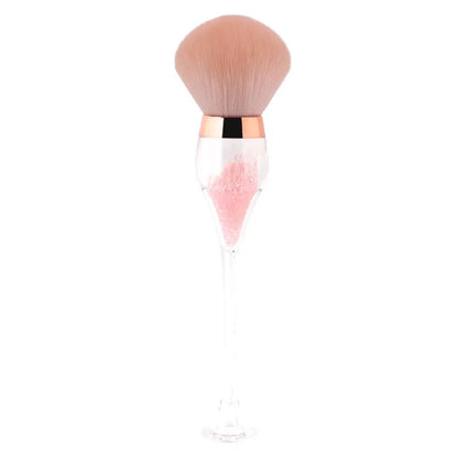 Wine glass shape large makeup brush with fluffy man-made fibre head, long plastic handle, 14cm total length, in Champagne, Pink or Wine Red.