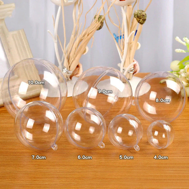 Transparent plastic decorative hanging balls in various sizes and designs