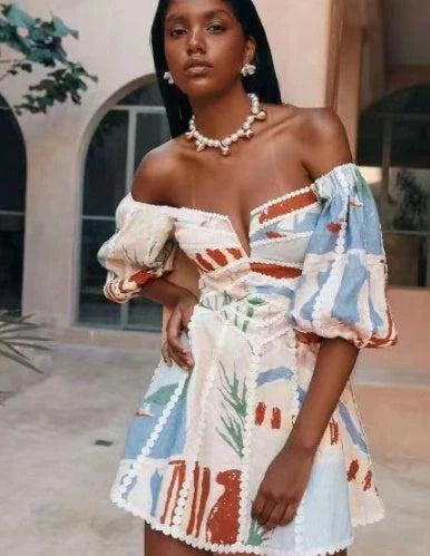 Women's red flower print lace sling dress with V-neck design