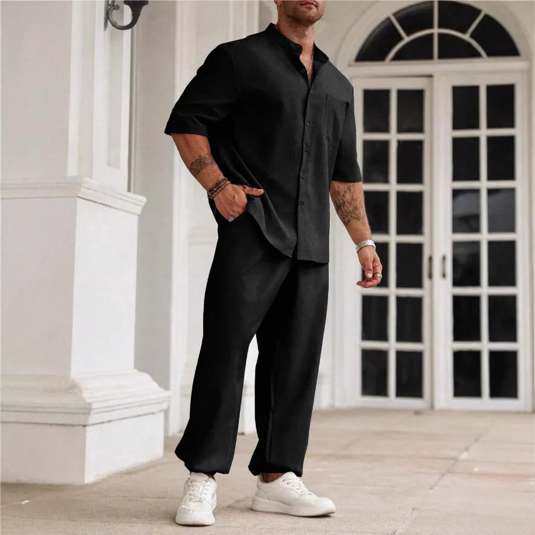 Men's casual short-sleeved button shirt and trousers set in cotton linen fabric