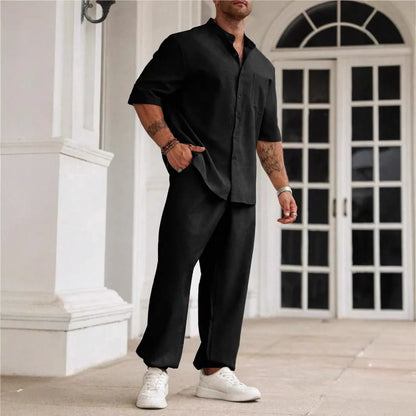 Men's casual short-sleeved button shirt and trousers set in cotton linen fabric