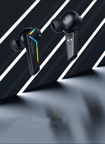 Small black Bluetooth headset with earplug design showing 15m range and low latency for gaming