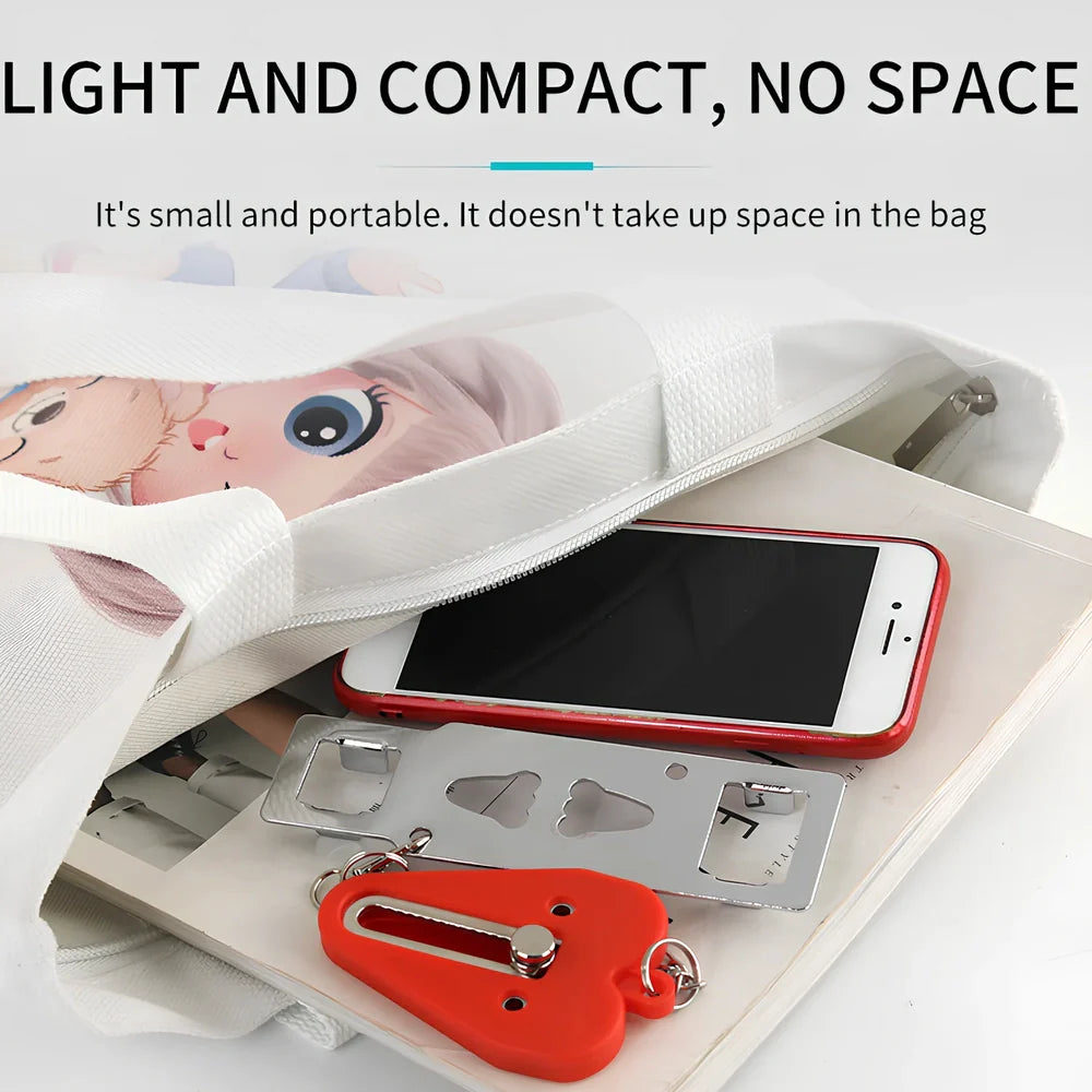 Red portable door security latch with chrome metal components for tool-free installation