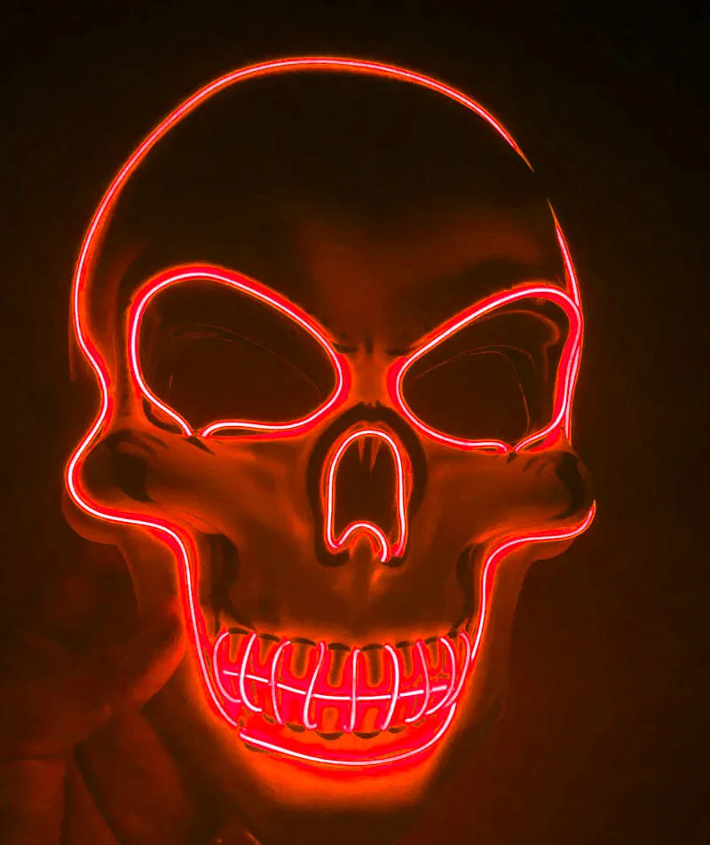 Blue LED glow skeleton mask with flashing lights on a person's face