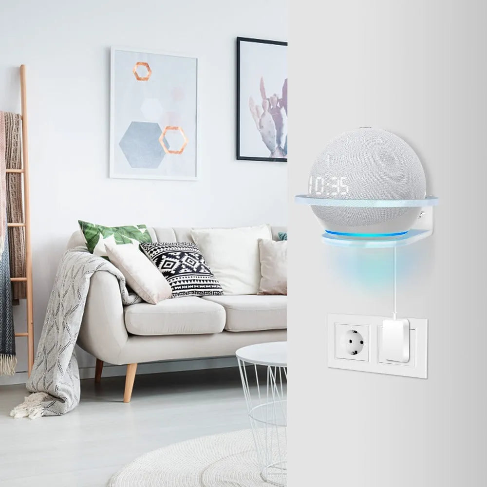 White plastic wall mounting bracket for Amazon Echo Dot 4 smart speaker.