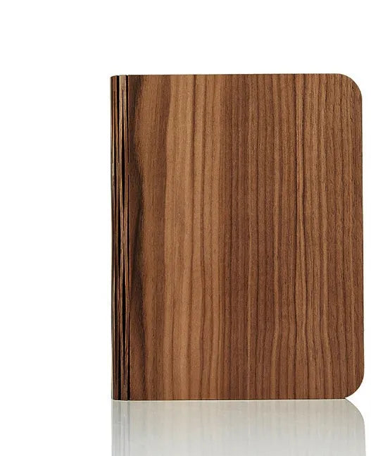 Solid wood USB book light in three sizes showing white and warm white light options.
