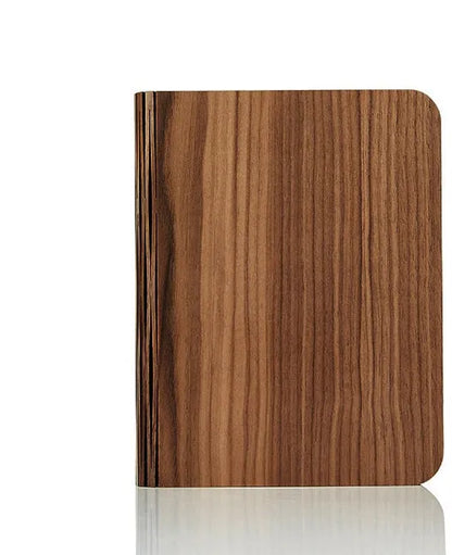 Solid wood USB book light in three sizes showing white and warm white light options.