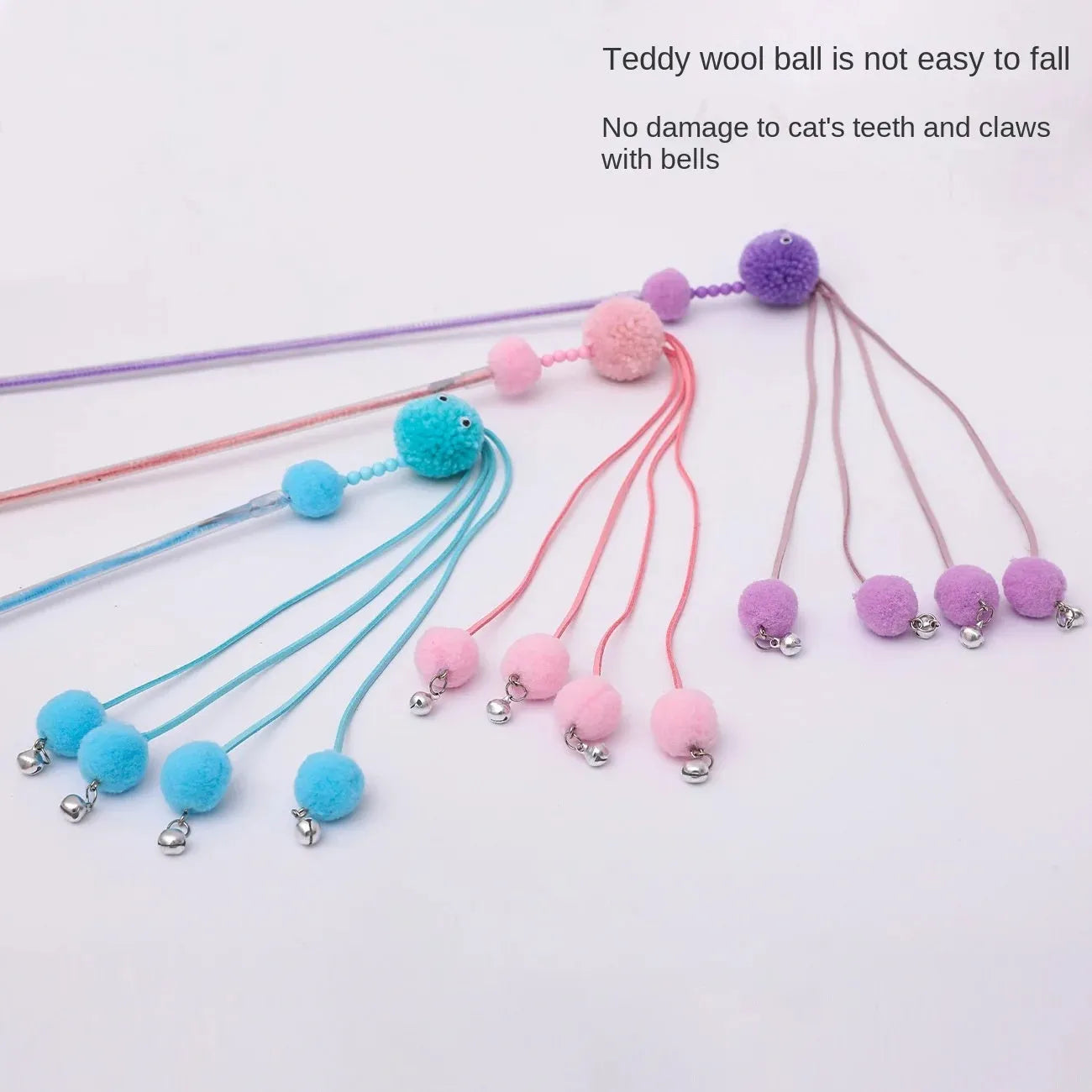 Funny cat stick toy with colourful feather tassel on elastic cord, shown in blue, pink, and purple options.