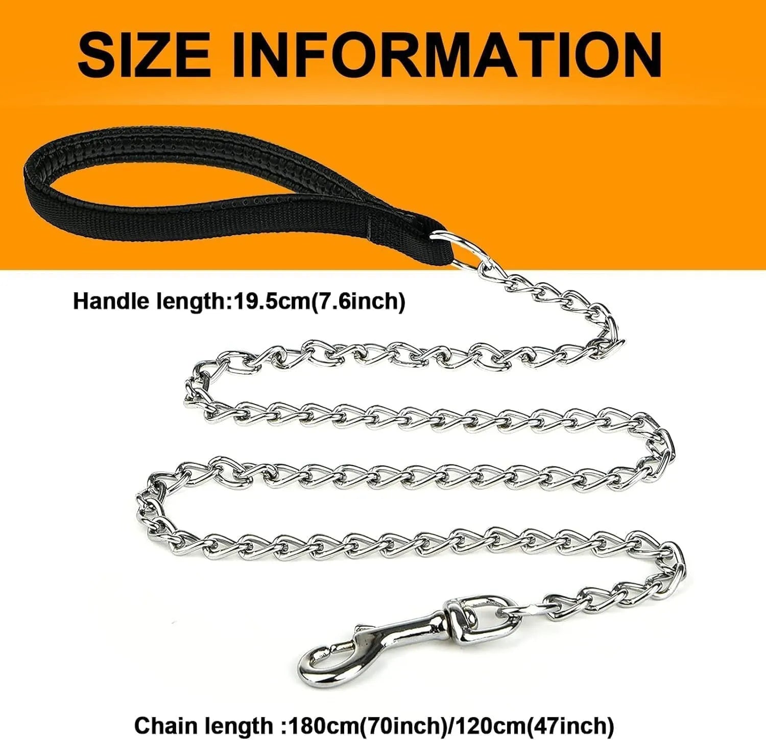 Heavy duty metal dog leash with chew-proof chain and soft padded handle in black, blue, or red colours
