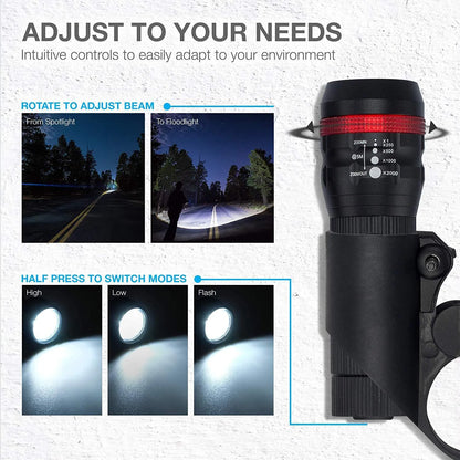 Bicycle headlights and taillights set with mounting bracket on a bike