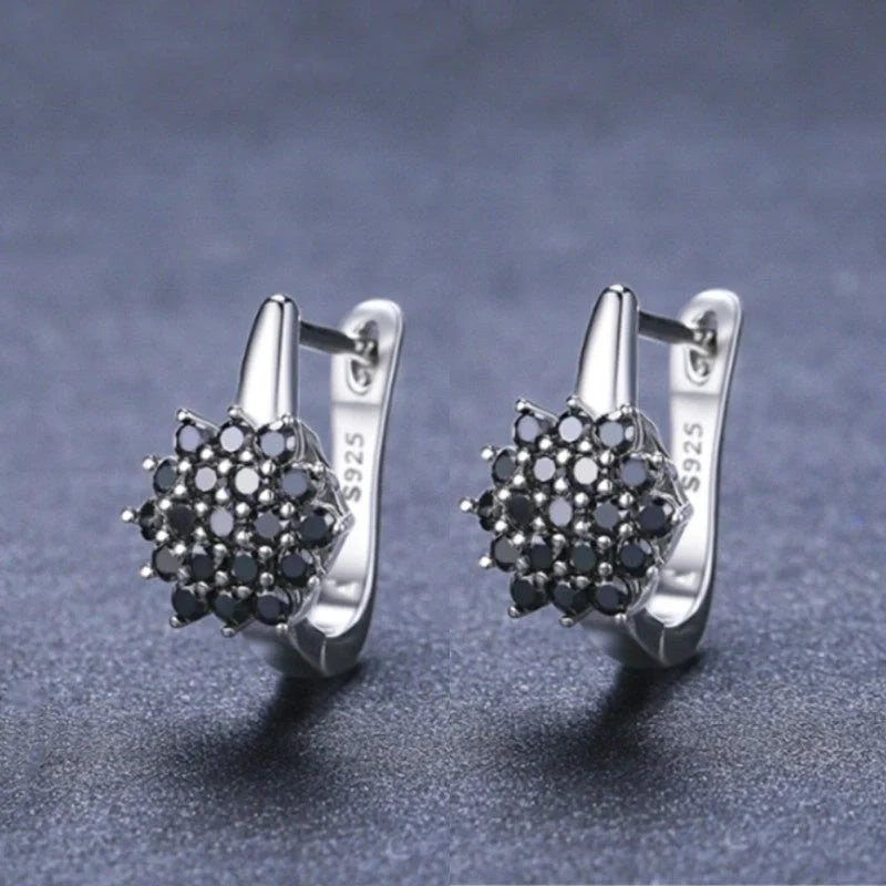 Korean-style copper black zircon flower stud earrings for women, elegant and durable design