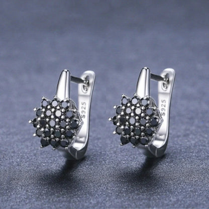 Korean-style copper black zircon flower stud earrings for women, elegant and durable design
