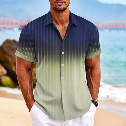 Men's gradient striped short-sleeved shirt with lapel button detail