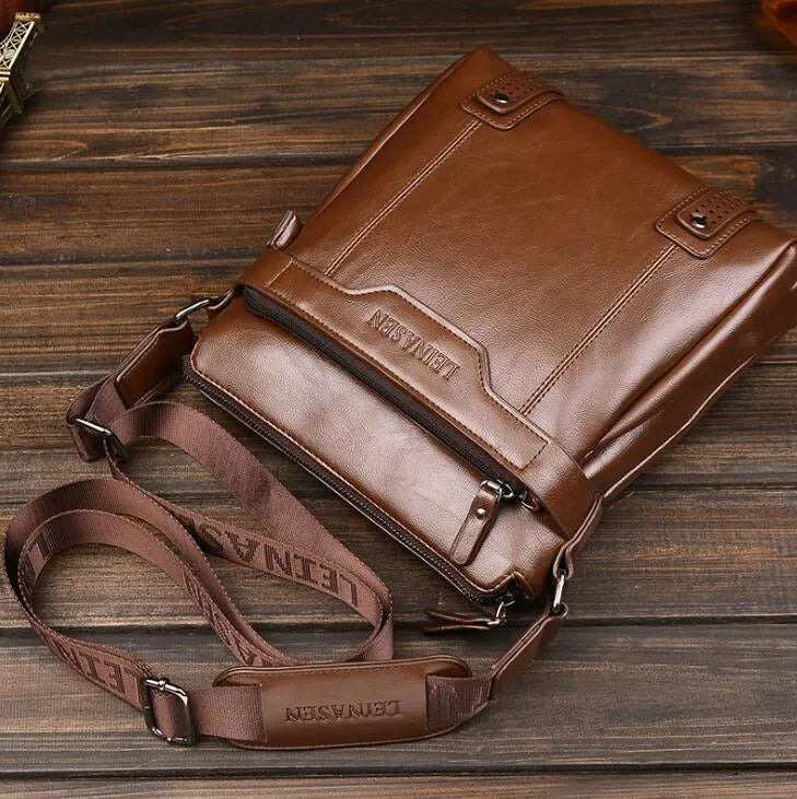 Men's soft messenger shoulder bag with zip closure and polyester lining in black, brown, or khaki