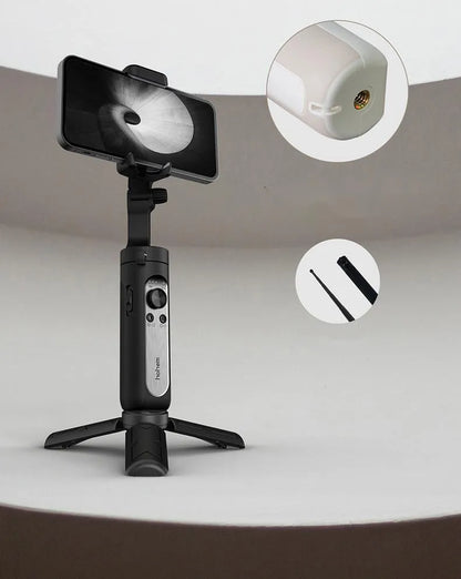 Black or white three-axis mobile phone gimbal stabiliser showing compact folded size.