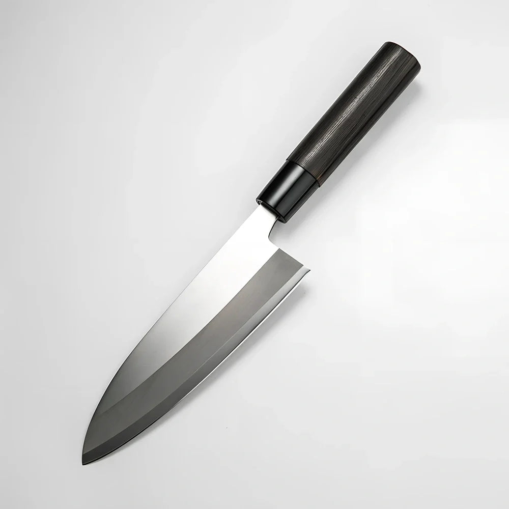 Stainless steel kitchen knife with 193mm blade, 62° point angle, and chestnut handle