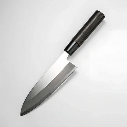 Stainless steel kitchen knife with 193mm blade, 62° point angle, and chestnut handle