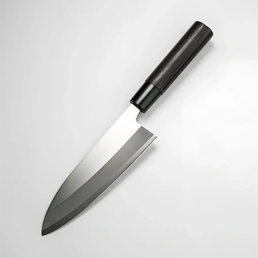 Stainless steel kitchen knife with 193mm blade, 62° point angle, and chestnut handle