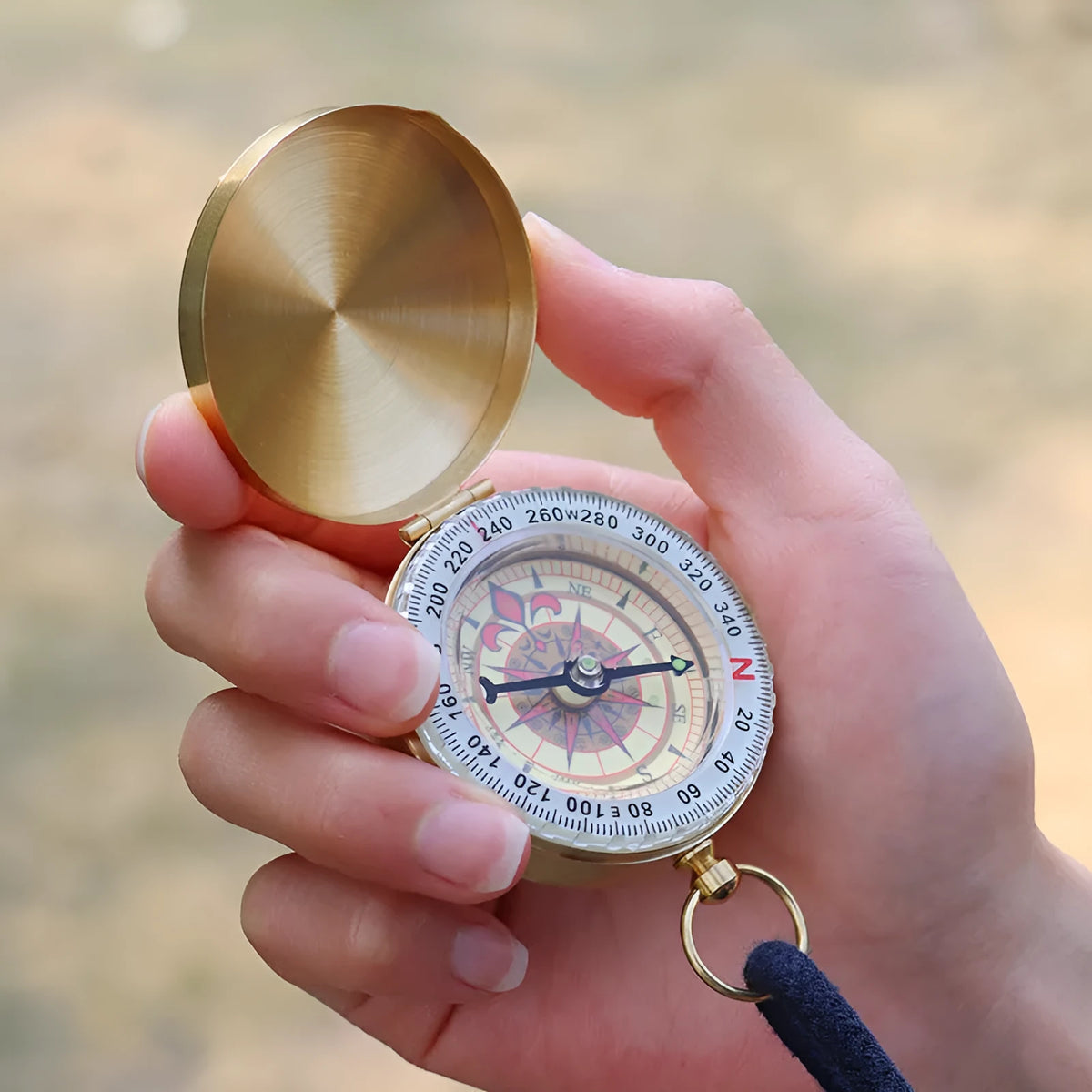 Gold brass compass G50 pocket watch with flip lid, 50mm diameter, luminous dial, copper shell, for outdoor navigation