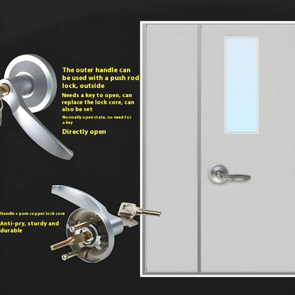 Stainless steel fire safety door push lock with external handle for 65cm single doors.