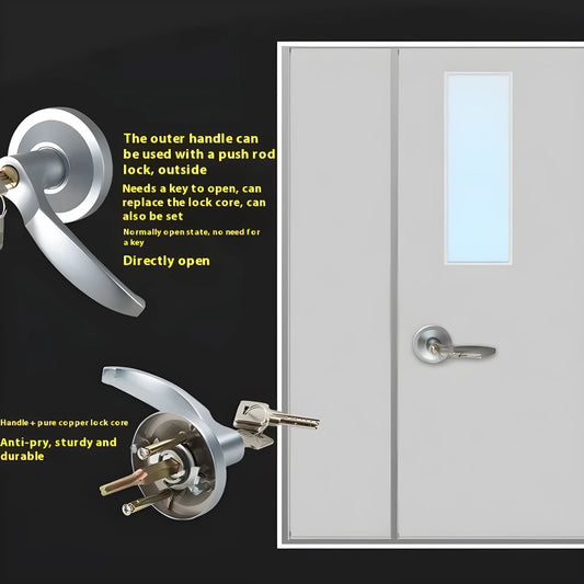 Stainless steel fire safety door push lock with external handle for 65cm single doors.