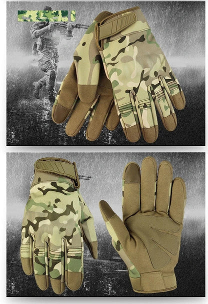 Outdoor tactical gloves with conductive fingertips and reinforced palm grip in camouflage pattern