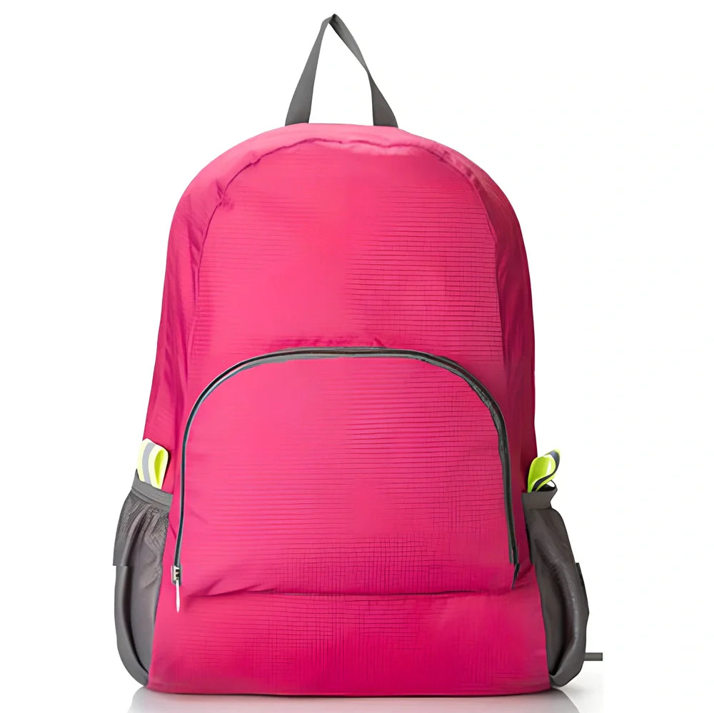 Yellow foldable sports backpack showing 30.5x42cm dimensions and compression feature